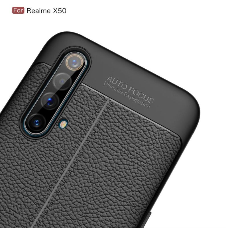 Cover Realme X50 Sort Mobilcover Dobbeltlinjeret Lychee-Lædereffekt