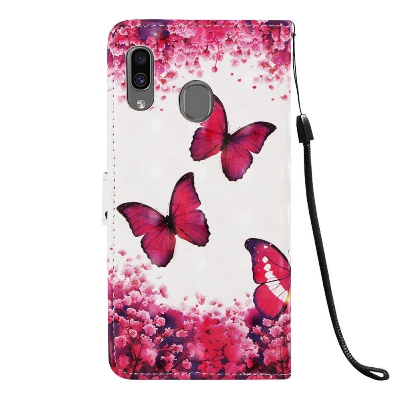 Flip Cover Læder for Samsung Galaxy A30 Røde Sommerfugle