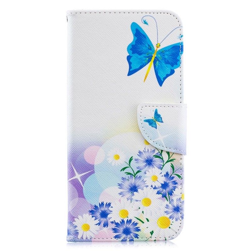 Flip Cover Læder Samsung Galaxy A30 Magenta Malede Sommerfugle Og Blomster Beskyttelse