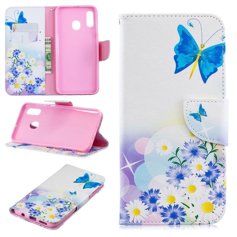 Flip Cover Læder Samsung Galaxy A30 Magenta Malede Sommerfugle Og Blomster Beskyttelse