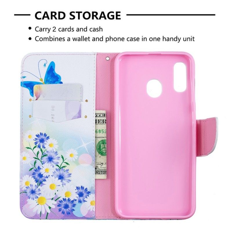 Flip Cover Læder Samsung Galaxy A30 Magenta Malede Sommerfugle Og Blomster Beskyttelse