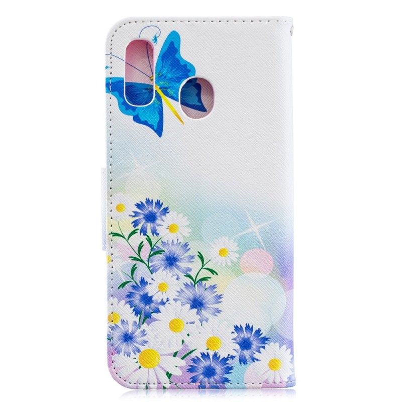 Flip Cover Læder Samsung Galaxy A30 Magenta Malede Sommerfugle Og Blomster Beskyttelse