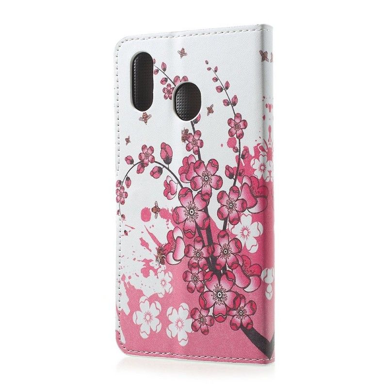 Flip Cover Læder Samsung Galaxy A30 Magenta Tropiske Blomster