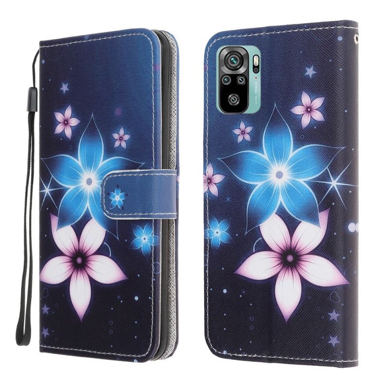 Flip Cover Læder for Xiaomi Redmi Note 10 / Note 10S Måneblomster Med Rem