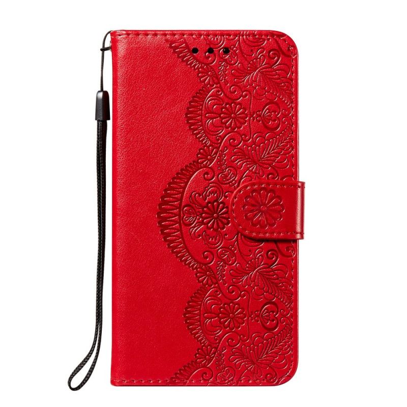 Flip Cover Læder for Xiaomi Redmi Note 10 / Note 10S Rød Blomsterbroderiprint