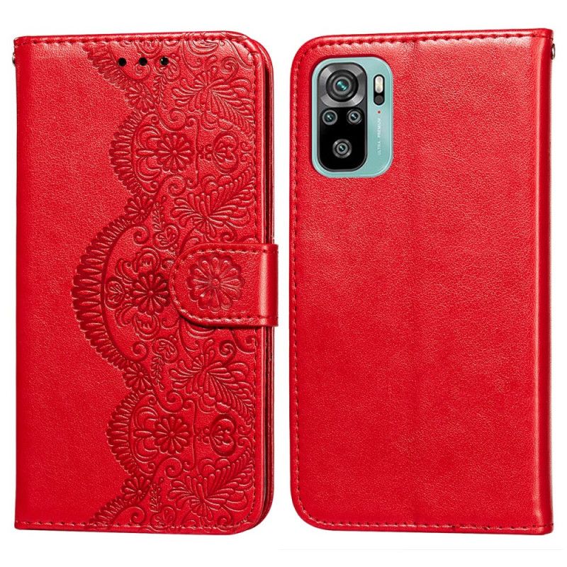 Flip Cover Læder for Xiaomi Redmi Note 10 / Note 10S Rød Blomsterbroderiprint