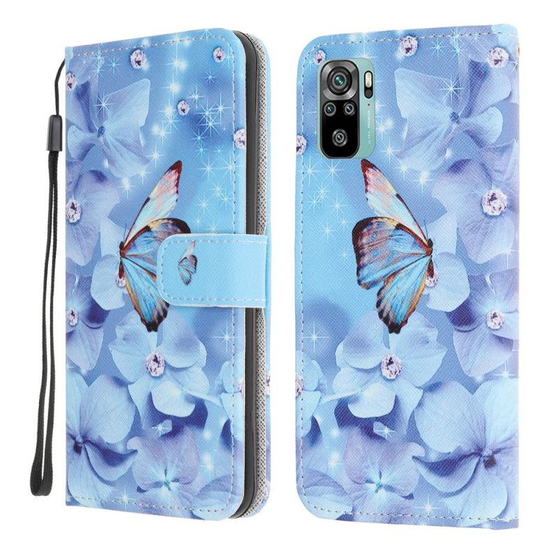 Flip Cover Læder Xiaomi Redmi Note 10 / Note 10S Diamant Sommerfugle Med Rem