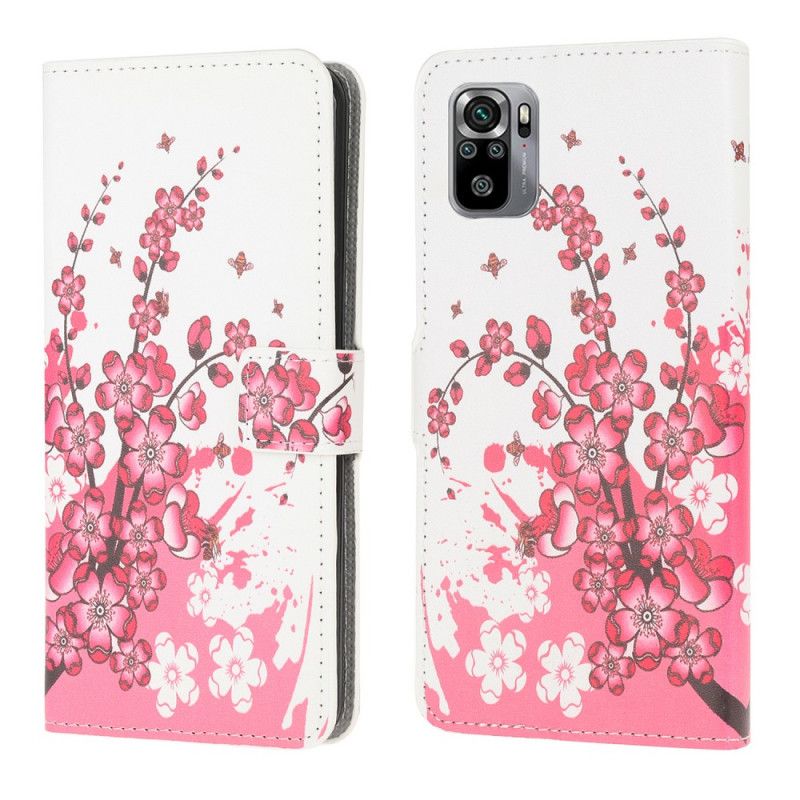 Flip Cover Læder Xiaomi Redmi Note 10 / Note 10S Magenta Tropiske Blomster Original