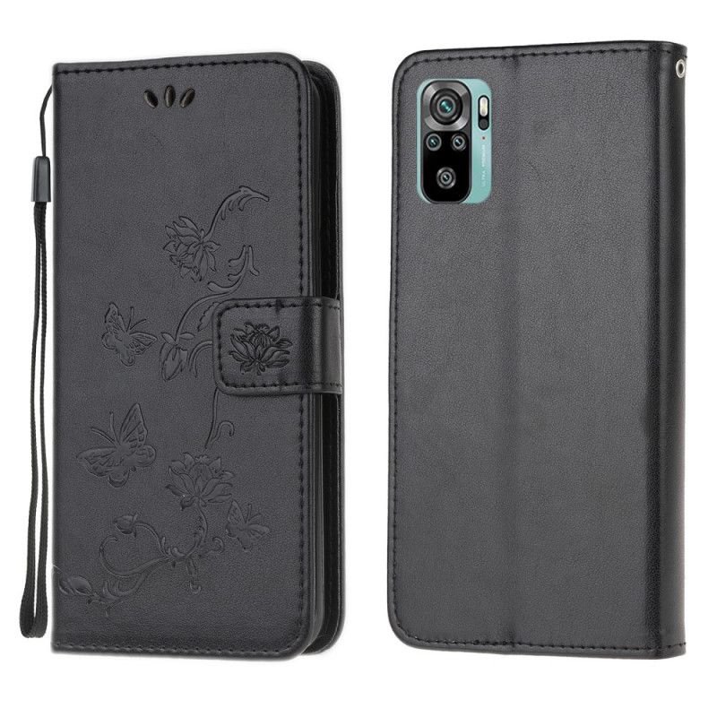 Flip Cover Xiaomi Redmi Note 10 / Note 10S Sort Sommerfugle Og Blomster