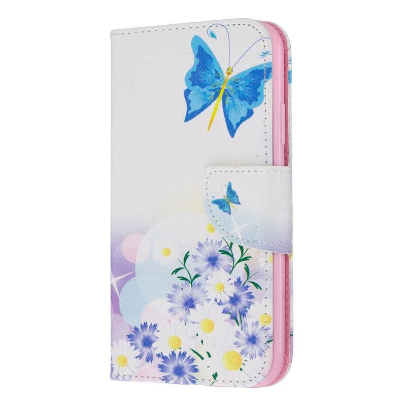 Flip Cover Læder for iPhone 11 Magenta Malede Sommerfugle Og Blomster