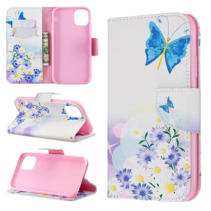 Flip Cover Læder for iPhone 11 Magenta Malede Sommerfugle Og Blomster