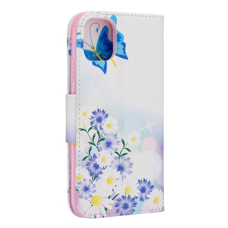 Flip Cover Læder for iPhone 11 Magenta Malede Sommerfugle Og Blomster