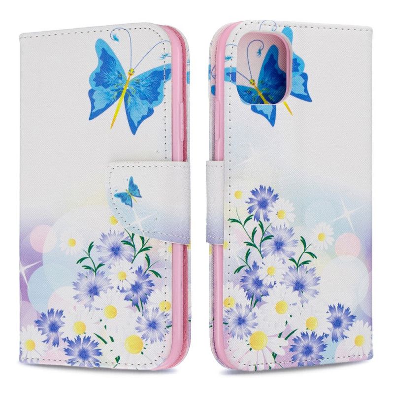 Flip Cover Læder for iPhone 11 Magenta Malede Sommerfugle Og Blomster