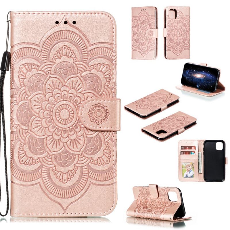 Flip Cover Læder for iPhone 11 Sort Hele Mandala Med Rem