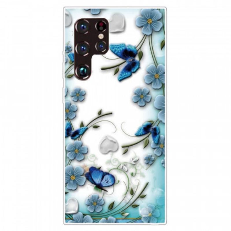 Cover Samsung Galaxy S22 Ultra 5G Retro Sommerfugle Og Blomster