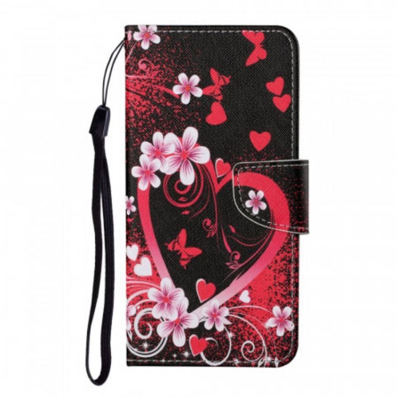 Flip Cover Samsung Galaxy S22 Ultra 5G Blomster Og Hjerter Med Snor