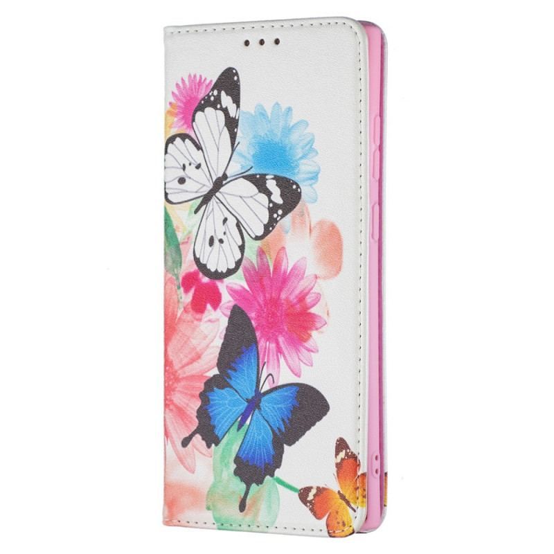 Læder Cover Samsung Galaxy S22 Ultra 5G Malede Sommerfugle Og Blomster