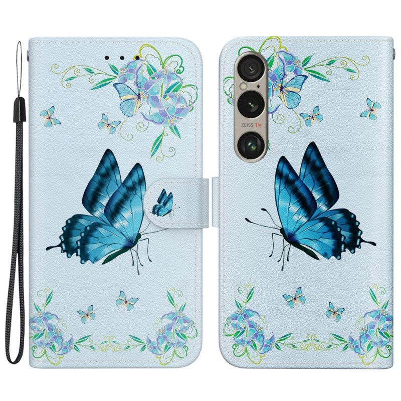 Læder Cover Sony Xperia 1 Vi Telefon Etui Blå Sommerfugl Og Blomster Med Rem