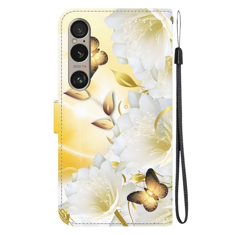 Læder Cover Sony Xperia 1 Vi Telefon Etui Gyldne Sommerfugle Og Hvide Blomster Med Rem