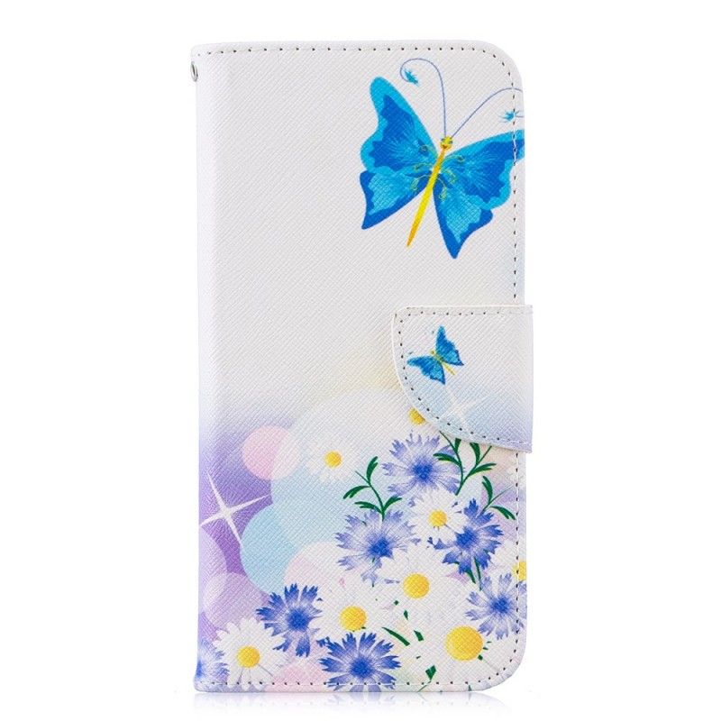 Flip Cover Læder Honor 10 Lite Lyseblå Malede Sommerfugle Og Blomster