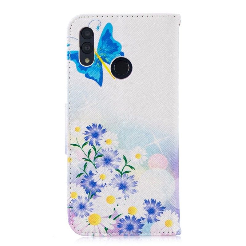 Flip Cover Læder Honor 10 Lite Lyseblå Malede Sommerfugle Og Blomster