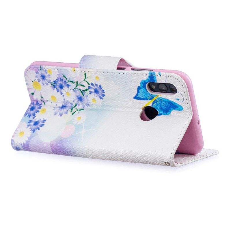 Flip Cover Læder Honor 10 Lite Lyseblå Malede Sommerfugle Og Blomster