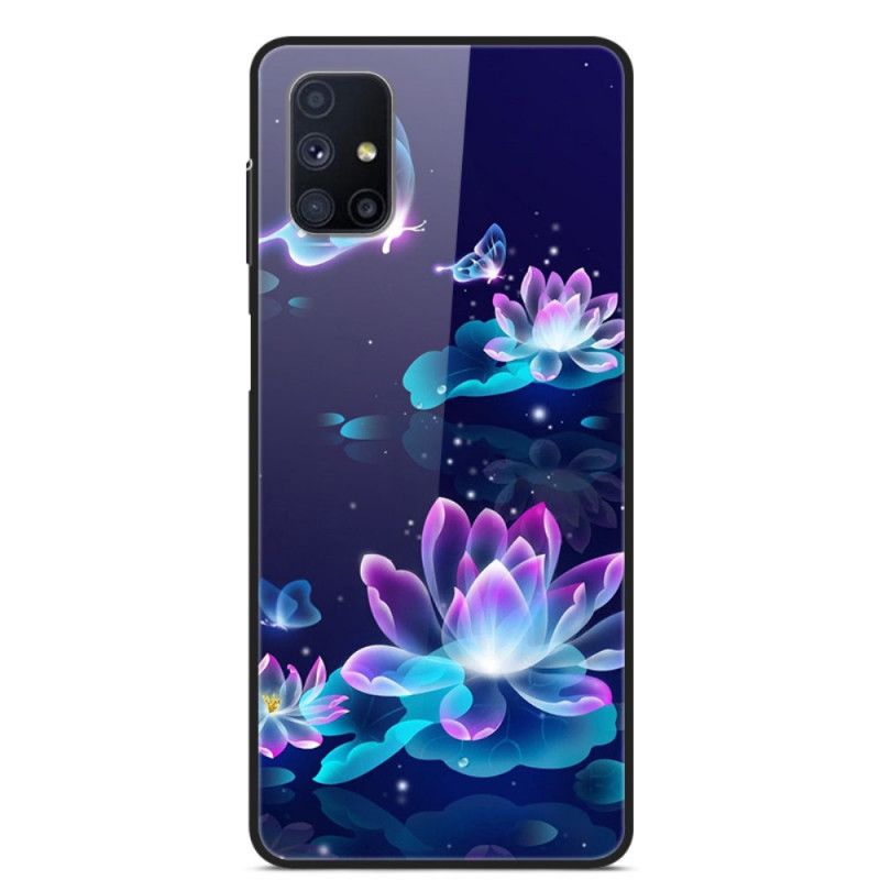 Cover Samsung Galaxy M51 Mørkeblå Fancy Blomster Med Hærdet Glas