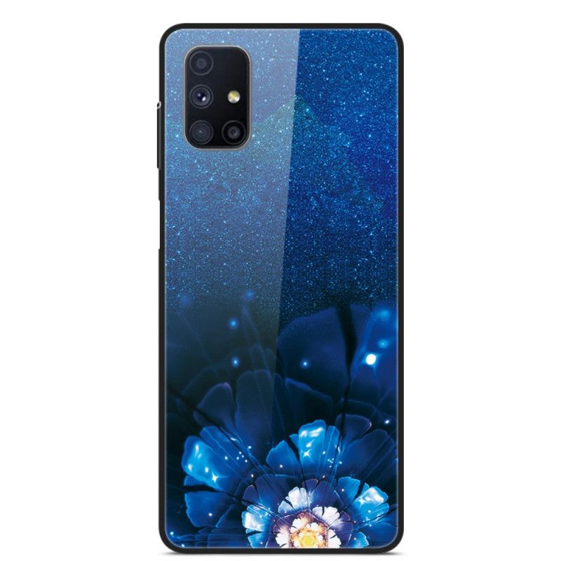 Cover Samsung Galaxy M51 Mørkeblå Fancy Blomster Med Hærdet Glas