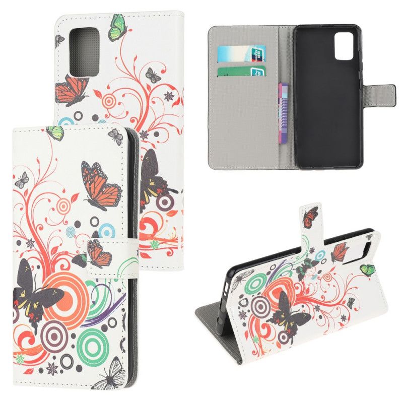 Flip Cover Læder for Samsung Galaxy M51 Sort Sommerfugle Og Blomster