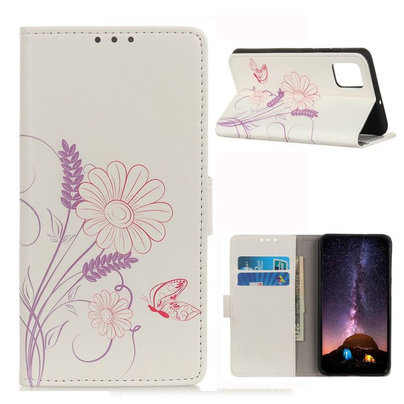 Flip Cover Læder Samsung Galaxy M51 Tegning Af Sommerfugle Og Blomster