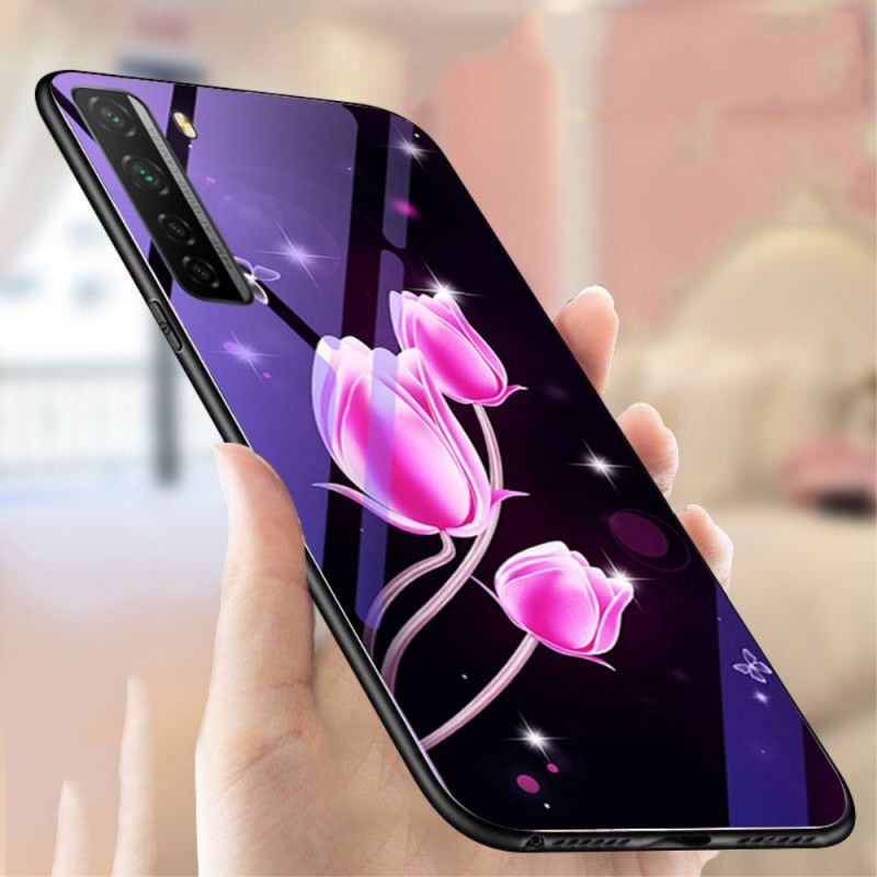 Cover Huawei P40 Lite 5G Magenta Hærdet Glas Og Blomstersilikone