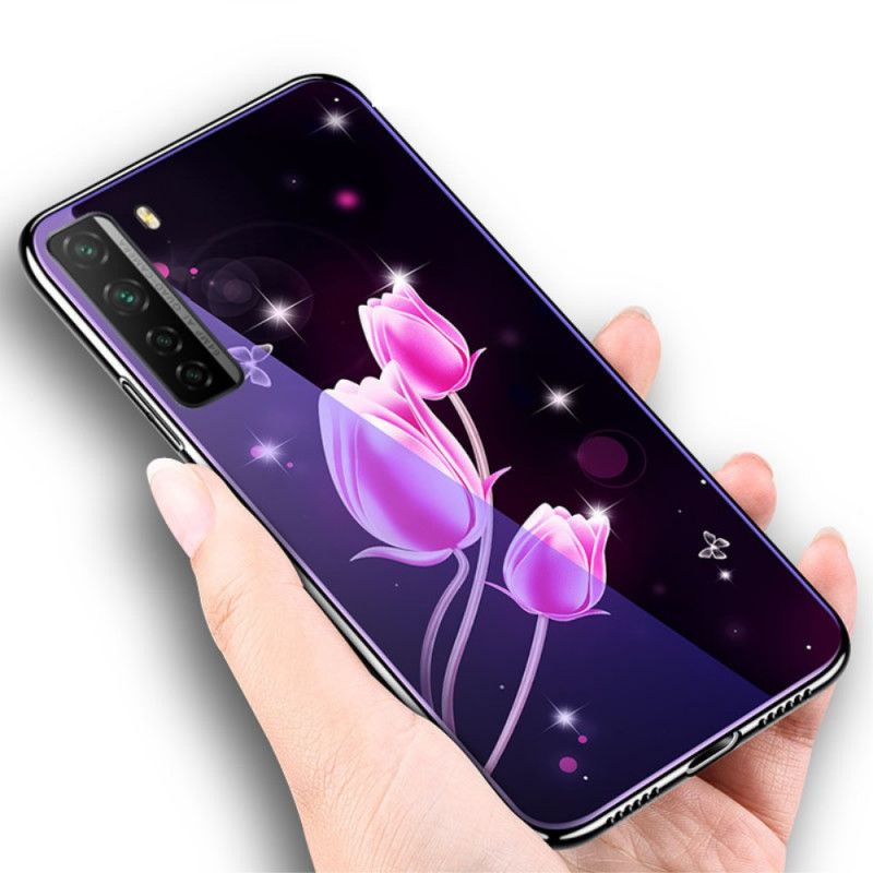 Cover Huawei P40 Lite 5G Magenta Hærdet Glas Og Blomstersilikone