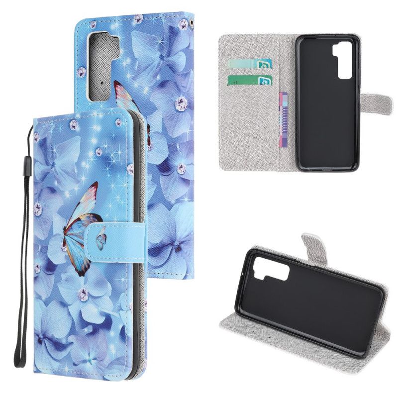 Flip Cover Huawei P40 Lite 5G Diamant Sommerfugle Med Rem