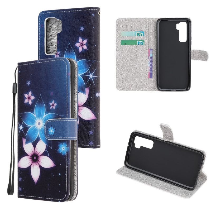 Flip Cover Huawei P40 Lite 5G Mobilcover Måneblomster Med Rem