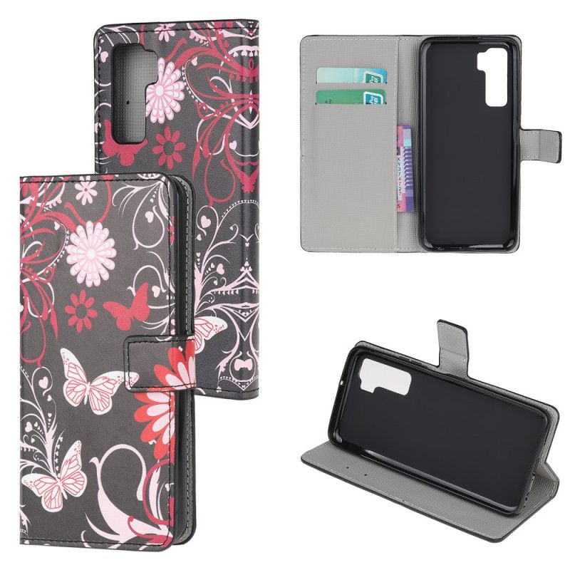 Flip Cover Læder for Huawei P40 Lite 5G Sort Sommerfugle Og Blomster 2