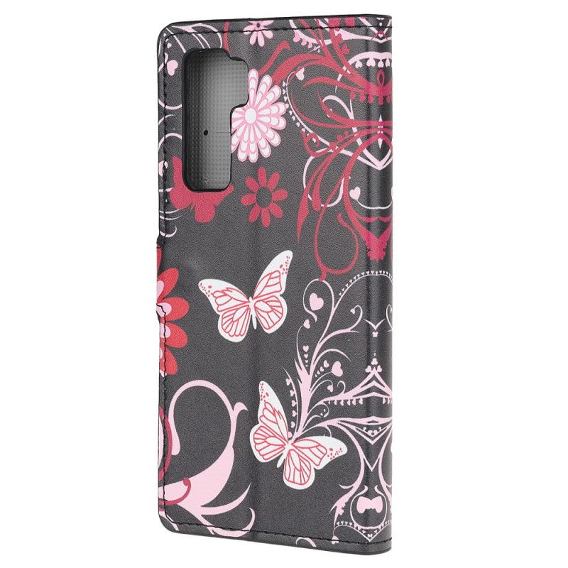 Flip Cover Læder for Huawei P40 Lite 5G Sort Sommerfugle Og Blomster 2