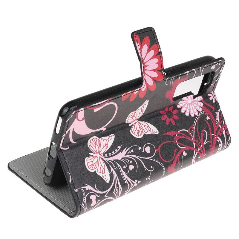 Flip Cover Læder for Huawei P40 Lite 5G Sort Sommerfugle Og Blomster 2