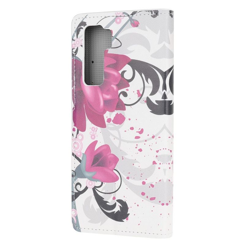 Flip Cover Læder Huawei P40 Lite 5G Magenta Tropiske Blomster Original