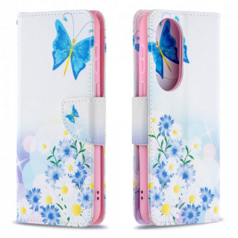 Flip Cover Huawei P50 Malede Sommerfugle Og Blomster