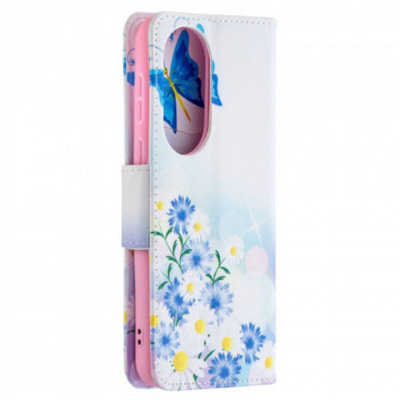 Flip Cover Huawei P50 Malede Sommerfugle Og Blomster