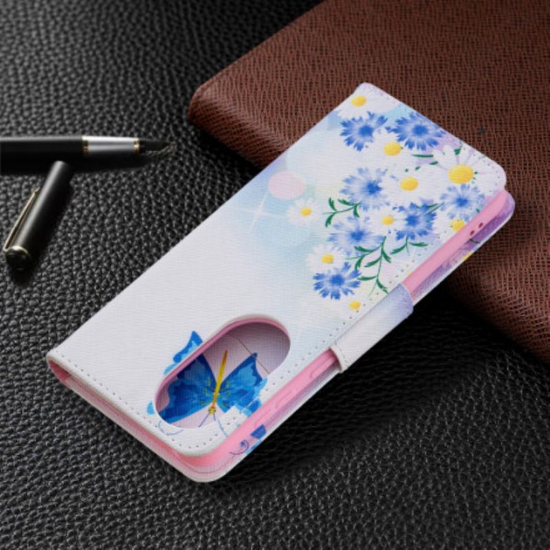 Flip Cover Huawei P50 Malede Sommerfugle Og Blomster