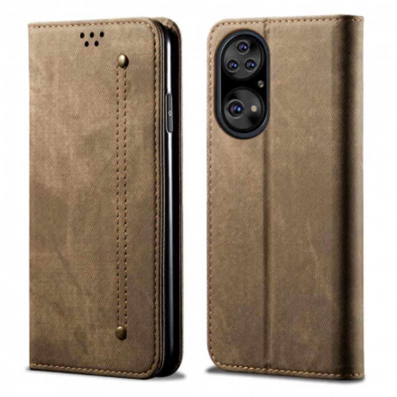 Flip Cover Huawei P50 Tekstur Af Jeans I Imiteret Læder