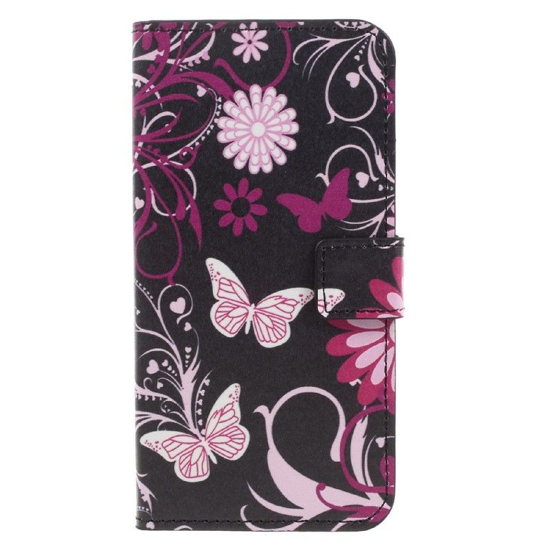 Flip Cover Læder for Samsung Galaxy A3 2017 Sort Sommerfugle Og Blomster