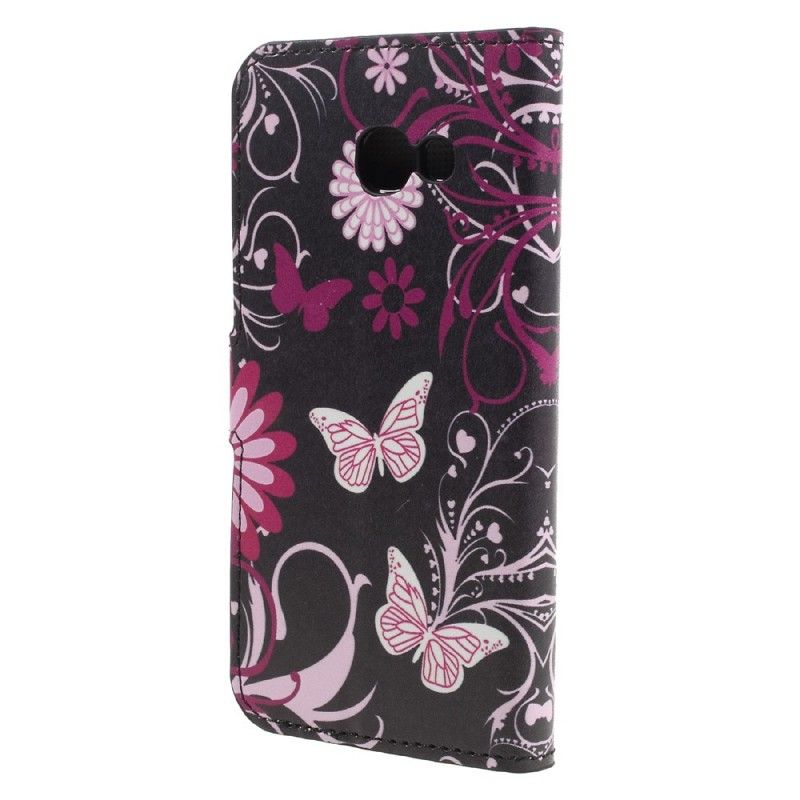 Flip Cover Læder for Samsung Galaxy A3 2017 Sort Sommerfugle Og Blomster