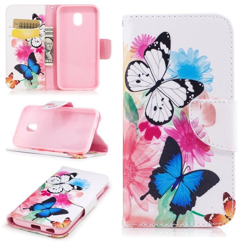 Flip Cover Samsung Galaxy J7 2017 Pink Mobilcover Malede Sommerfugle Og Blomster