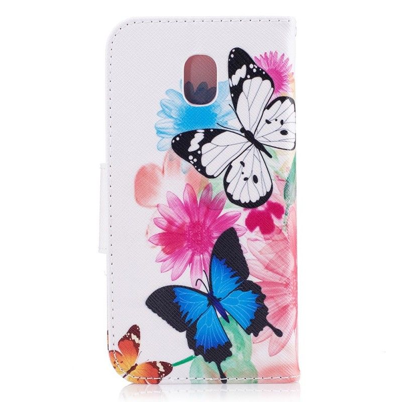 Flip Cover Samsung Galaxy J7 2017 Pink Mobilcover Malede Sommerfugle Og Blomster