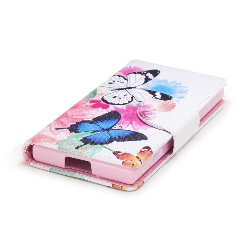 Flip Cover Læder for Sony Xperia XZ1 Compact Lyserød Malede Sommerfugle Og Blomster