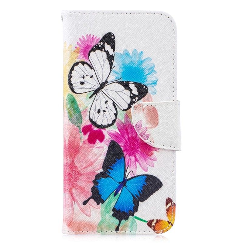 Flip Cover Læder Huawei P30 Lite Magenta Malede Sommerfugle Og Blomster Original