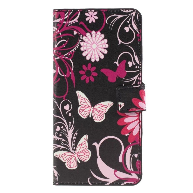 Flip Cover Læder Huawei P30 Lite Sort Sommerfugle Og Blomster