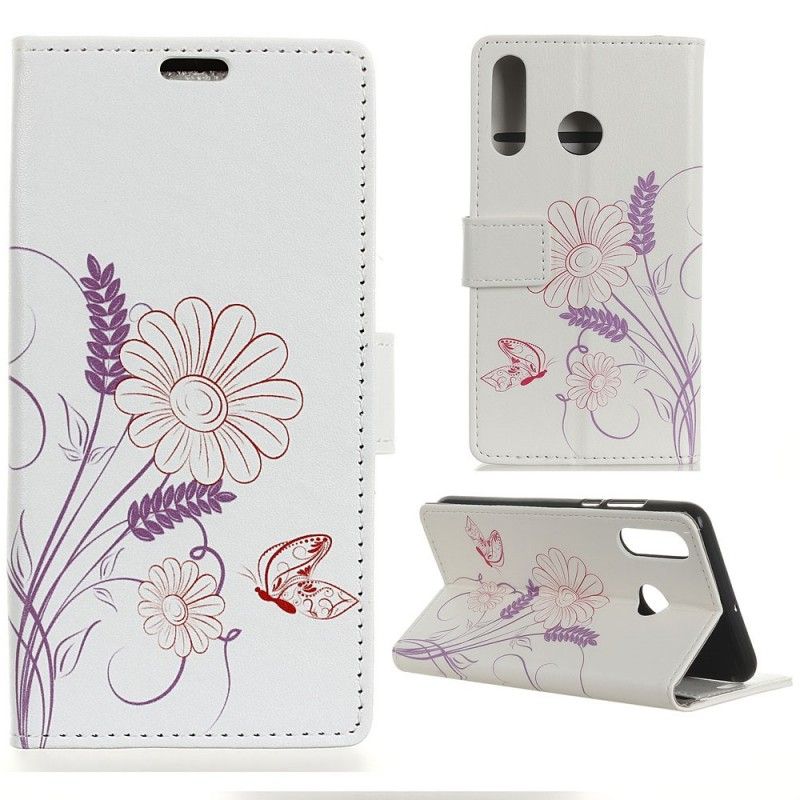 Flip Cover Læder Huawei P30 Lite Tegning Af Sommerfugle Og Blomster